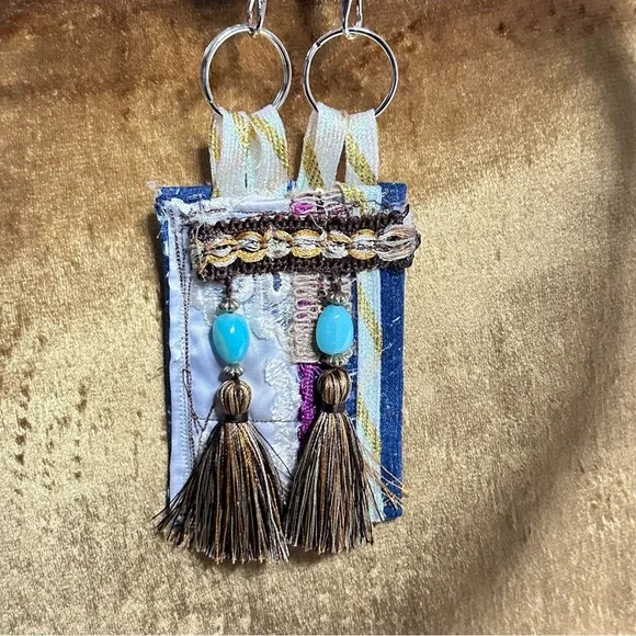 Handmade Boho Necklace Purse Fabric Wallet Beaded Fringe Artisan Signed - Picture 6 of 12